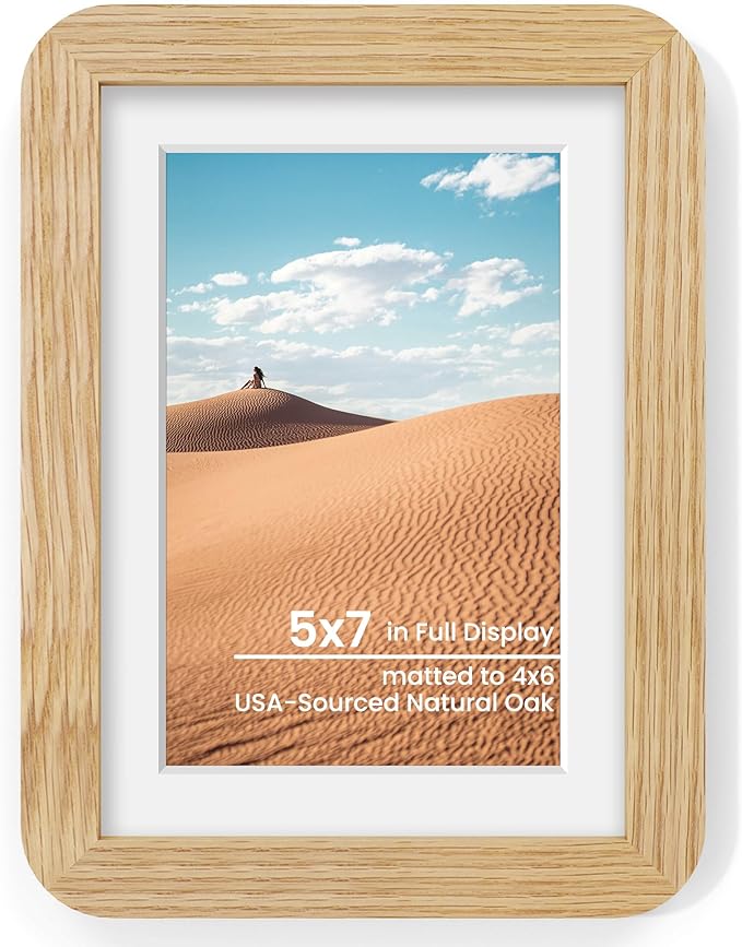 5x7 Round Corner Picture Frame, Solid Oak Photo Frame Matted For 4x6 With Plexiglass, Ready To Hang On Wall Or Stand As Tabletop Framing, Natural Oak, 1 Pack