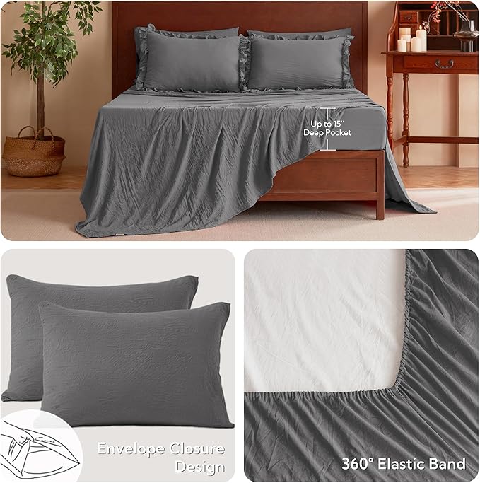MR&HM Ruffle Comforter Set, Queen Bedding Set 7 Pieces Dark Grey, Farmhouse Shabby Chic Bed Set, Boho Bed in a Bag with 1 Comforter, 1 Flat Sheet, 1 Fitted Sheet, 2 Pillowcases & 2 Pillow Shams