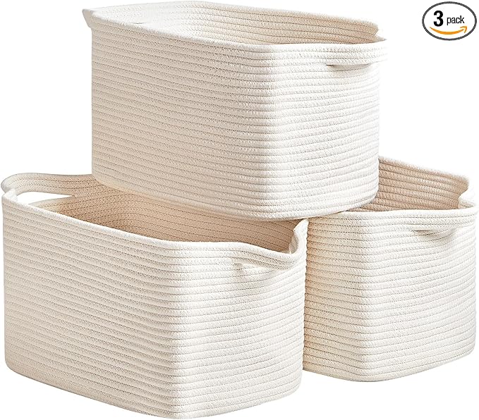 3 Packs Cotton Rope Woven Basket With Handles for Shelves -15"*10.2"*9.1"(White)