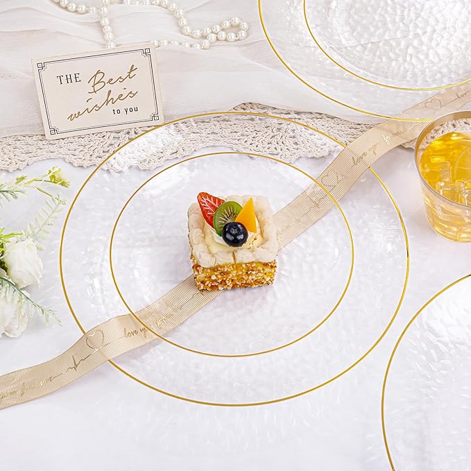 Rubtlamp 350 Pcs Clear Gold Plastic Plates, Hammered Disposable Dinnerware, Clear-Gold Plates Set Include 100 Plastic Platos, 150 Gold Disposable Silverware, 50 Cups And 50 Napkins for Party