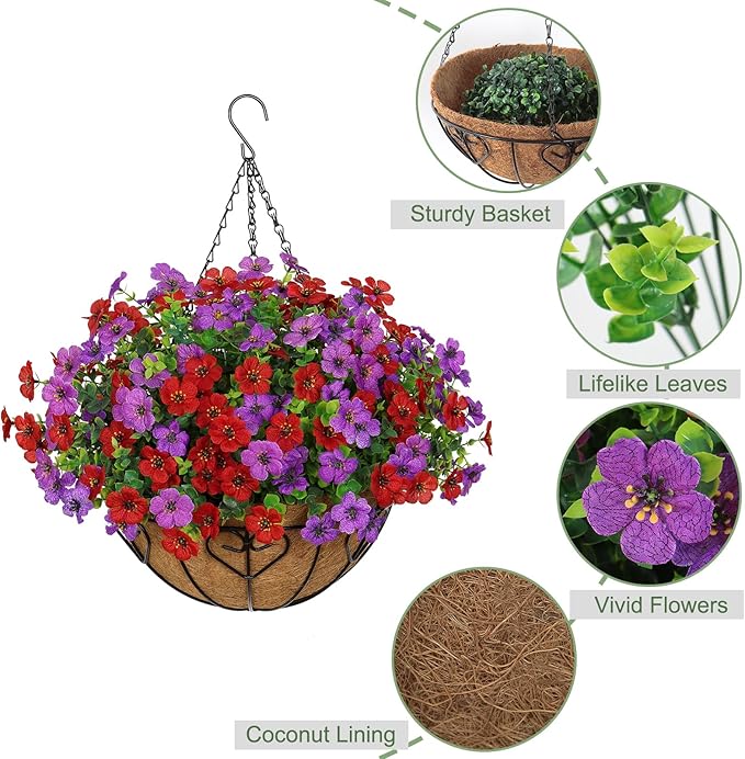 Alynsehom 2 Set Artificial Flowers with Hanging Basket, 2 Outdoor Hanging Plants with 24pcs Faux UV Resistant Fake Silk Azalea in Baskets for Porch Garden Patio Balcony Yard Home Decor (Purple Red)