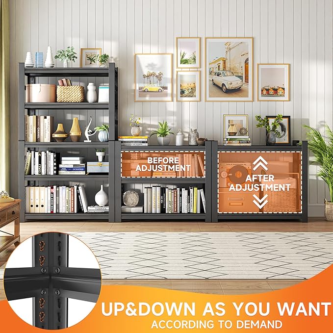 5 Tier Book Shelf, Metal Adjustable Bookcase, Modern Tall Bookshelf for CDs Movies Books, Industrial Book shelves Storage Shelving for Bedroom Home Office Kitchen Living Room, 15.7"D x 31.5"W x 63"H
