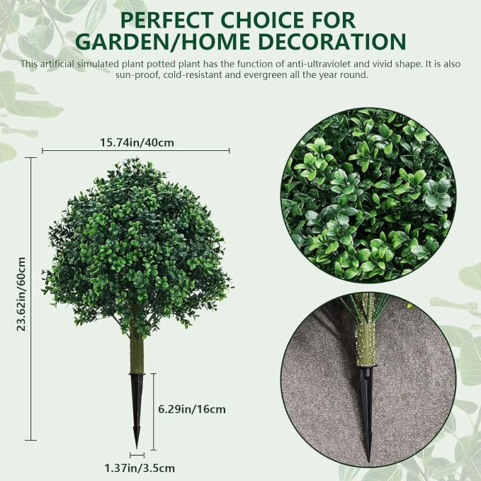 Set of 2 Fake bushes Artificial Shrubs for Outdoors Boxwood Balls Topiary Trees UV Resistant - 23.6'' Faux Plants with Ground Spikes for Spring Front Porch Decor, Fake Evergreen Tree for Garden
