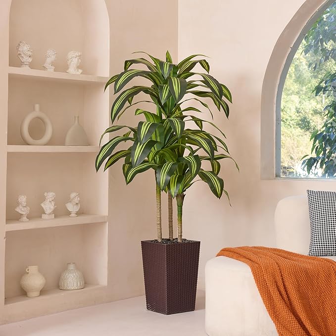 Artificial Dracaena Tree 5ft – UV Resistant Tall Fake Plant with Large Taper Planter & Pebbles– Large Potted Faux Tree for Indoor & Outdoor, Living Room, Office, Porch, Home Decor, VN127