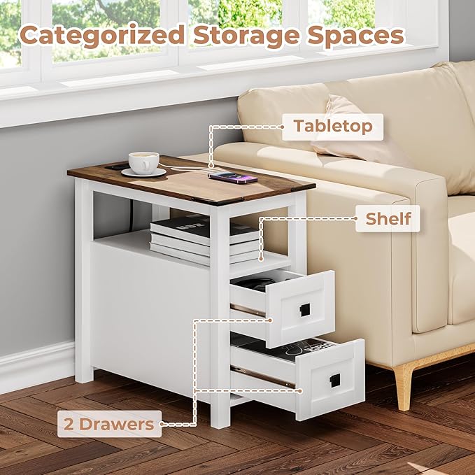 Farmhouse Nightstand with Charging Station and 2 Storage Drawers, Bedside Table with Barn Door and Shelf, Rustic End Table Side Table for Bedroom, Living Room, Sofa
