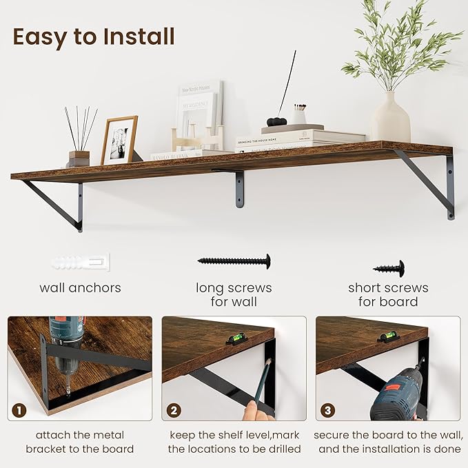 Fun Memories Deep Floating Shelves for Wall, 55W x 8D Wall Mounted Shelves Set of 2, Wide Display Ledge Shelf with Sturdy Metal Brackets for Living Room, Bathroom, Bedroom and Kitchen, Rustic Brown