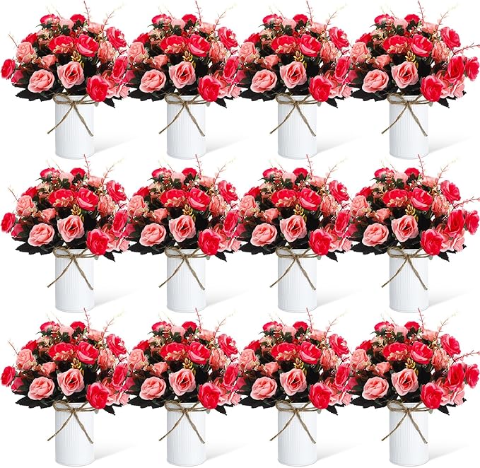 Domensi 12 Sets Wedding Centerpiece for Table Artificial Rose with Vase Fake Bouquets and Metal Pot Floral Arrangements for Holiday Party Event Table Decor (Rose Red)