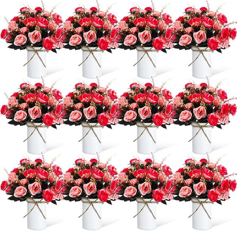 Domensi 12 Sets Wedding Centerpiece for Table Artificial Rose with Vase Fake Bouquets and Metal Pot Floral Arrangements for Holiday Party Event Table Decor (Rose Red)