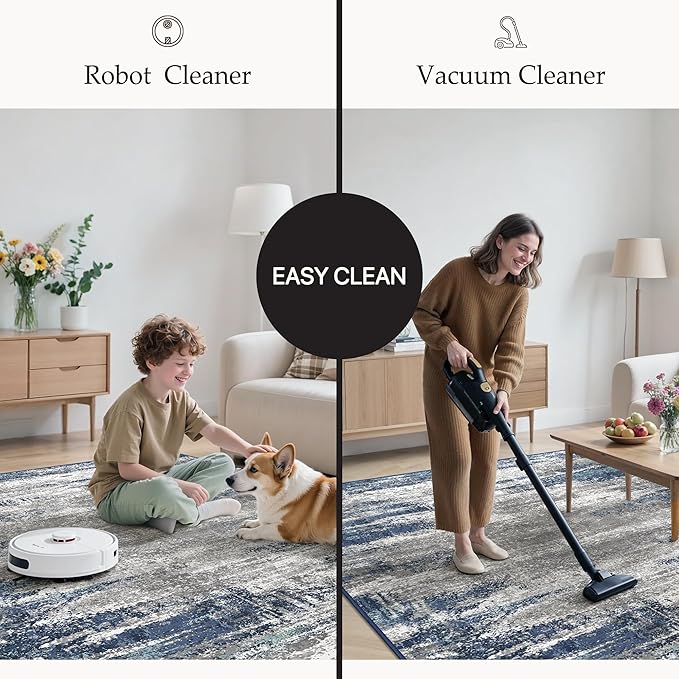GENIMO Runners for Hallways，2x6 Washable Runner Rug Non-Slip, Long Runner Rugs with Rubber Backing, Low Pile Lightweight Rugs for Kitchen, Bedroom, Bathroom, Entryway, Blue/Ivory