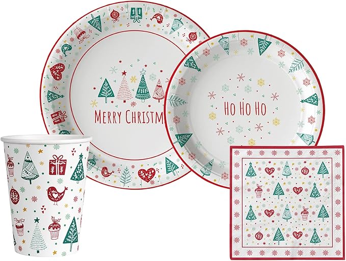 Classic Christmas Tableware Pack: Disposable Paper Plates, Napkins and Cups Set for 20