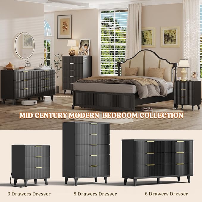 Lulive Black Dresser for Bedroom Wood Dressers Chest of Drawers, Fluted 53.2" Wide Modern Long Dresser TV Stand 6 Drawers for Bedroom, Closet, Living Room, Hallway