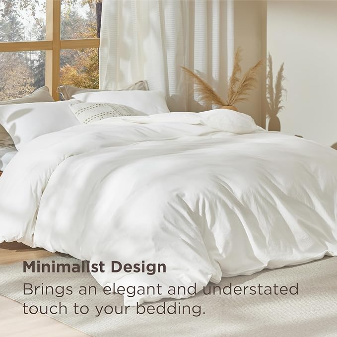 Bedsure 100% Stone Washed Cotton Duvet Cover Queen Size - White Minimalist Cotton Duvet Cover Linen Like for All Seasons - GentleSoft™ Plain Simple Bedding, 3 Pieces (White, Queen, 90"x90")