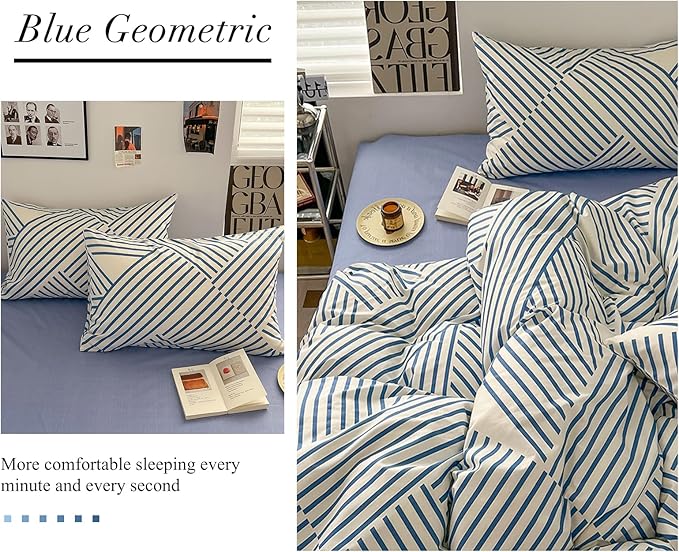 VM VOUGEMARKET Blue Striped Bedding Set King,Instagram Style Geometric Duvet Cover with Zipper Ties 100% Cotton Modern Fashion Bedding Set for Men Women-104x90 Inch