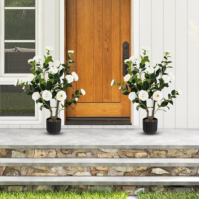 Goplus 38’’ Artificial Camellia Tree, Flower Plants Artificial Tree, Faux Floral Plant Blooming Tree in Cement Pot, Greenery Potted Plant for Indoor Outdoor Office Home Porch Decor