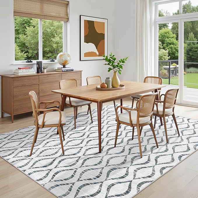 WITSHOCK 7x9 Grey Living Room Rug - Boho Soft Modern Geometric Low Pile Print Pattern Rug for Bedroom Dining Room, Large Thin Indoor Carpet for Nursery Playroom Decor, Kid & Pet Friendly