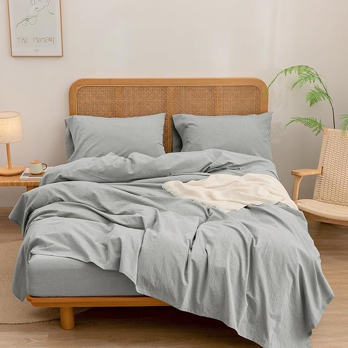 BESTOUCH Sheet Set 100% Washed Cotton Linen Feel Super Soft Comfortable Chic Lightweight 4 Pcs Home Bedding Set Solid Light Grey Full