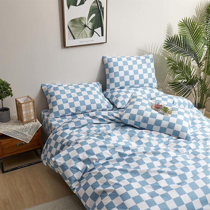 Pureant Blue and White Plaid Comforter Set Queen Blue Checkerboard Grid Bedding Comforter Sets Blue Buffalo Grid Queen Comforter for Women Men Soft Checkered Geomertic Queen Size Comforter Sets
