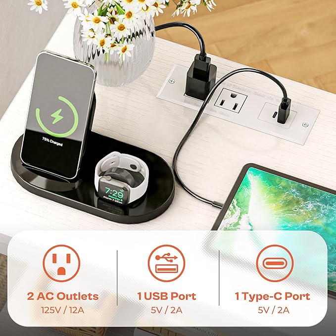 SUPERJARE Nightstand with Charging Station, Bed Side Table with Adjustable Fabric Drawer, Night Stand for Bedroom, 3-Tier Storage End Table, for Living Room, White