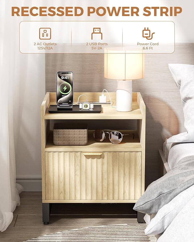 Fluted Night Stand with Charging Station, Wood Nightstand with Large Drawer and Open Storage Cabinet, Mid-Century Modern Bedside Table End Table for Bedroom Closet Office
