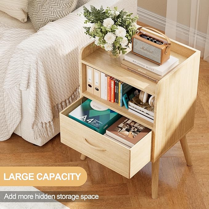 NightStand with Open Shelf,Night Stand with Drawer Storage Side Tables End Table,Bedside Table with Solid Wood Feet,Mid Century Night Stands for Bedroom Sofa Couch Small Spaces (Natural)
