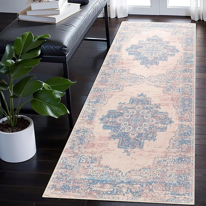 vivorug Runner Rug 2'x8' Machine Washable Non-Slip Runners for Hallways Kitchen Entryway Laundry Room Vintage-Inspired Carpet Hallway Runner Pink