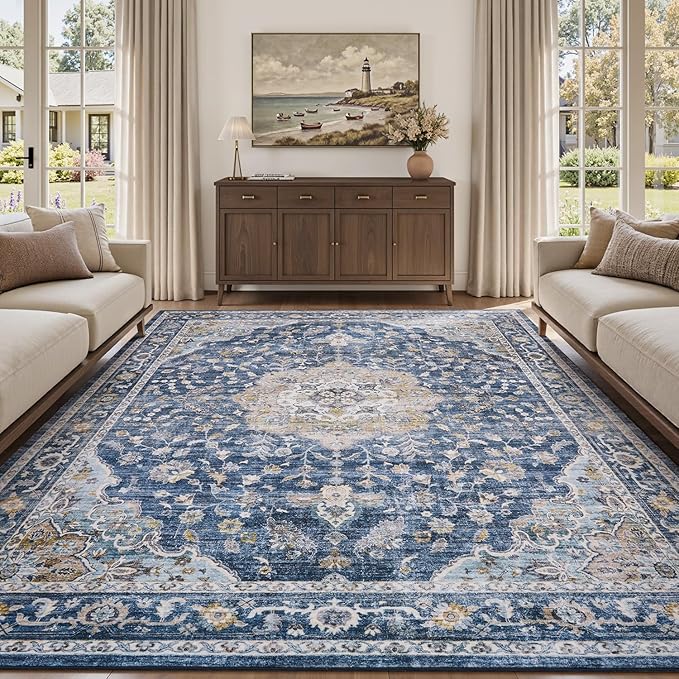 PADOOR-Vintage Area Rug 5X7 Rugs for Living Room-Soft Blue Rugs for Bedroom-Machine Washable Rugs Non Slip Carpet-Rug for Dining Room Living Room Bedside Office