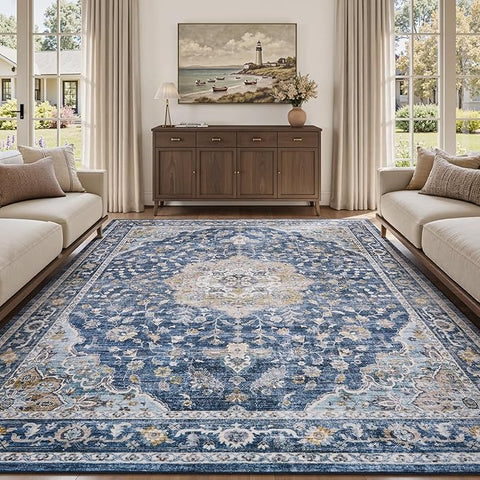 PADOOR-Vintage Area Rug 5X7 Rugs for Living Room-Soft Blue Rugs for Bedroom-Machine Washable Rugs Non Slip Carpet-Rug for Dining Room Living Room Bedside Office