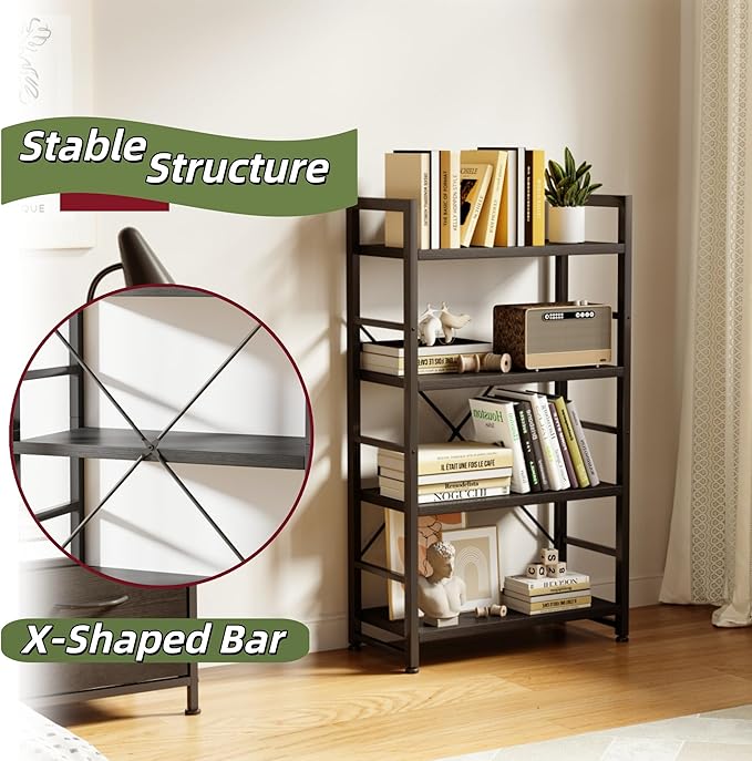 VERMESS Book Shelf Black, 4-Tier 24 inch Bookshelf Shelving Unit, Wood Bookcase with Open Shelves, Industrial Standing Storage Bookshelves Metal Display Rack for Living Room, Bedroom, Home, Office
