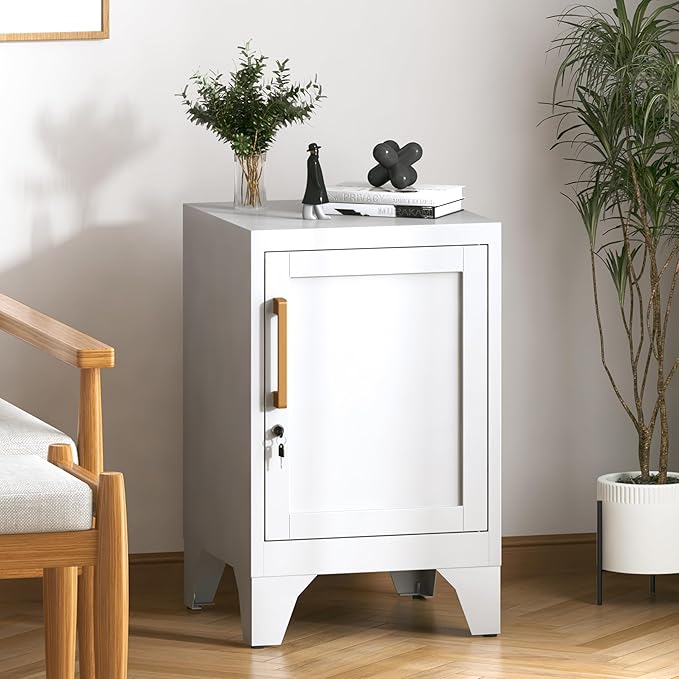 Metal NightStand Storage Cabinets with Lock and Adjustable Shelf,Metal Lockable End Table,Small Side Table,Bedside Table for Home, Office,Living Room,Garage, School(Assembly Required/White)