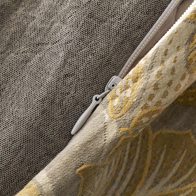 VM VOUGEMARKET Jacquard Flower Duvet Cover King with 2 Pillowcases,Retro Golden Yellow Bedding Set,Soft Breathable Yarn-Dyed Cotton Duvet Cover with Zipper Closure