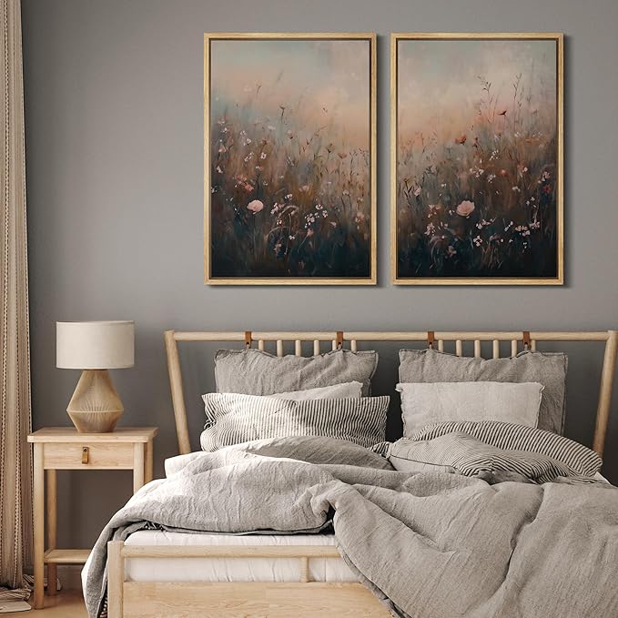 MUDECOR Framed Canvas Print Wall Art Forest and Lake Landscape Vintage Nature Scenery Illustrations Modern Art Decorative Bohemian Chic for Living Room, Bedroom, Office - 24"x36"x2 Natural