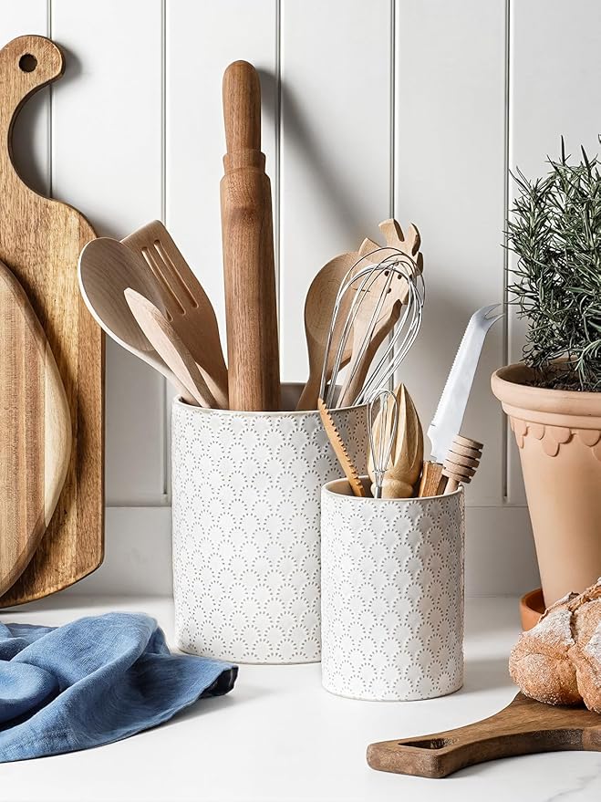 LE TAUCI Utensil Holder, 7.1"+5.4" Ceramic Kitchen Utensil Holder for Counter top, Embossed Cooking Utensil Organizer for Spatula & Spoon, Kitchen Decor, Set of 2, Arctic White, Fireworks