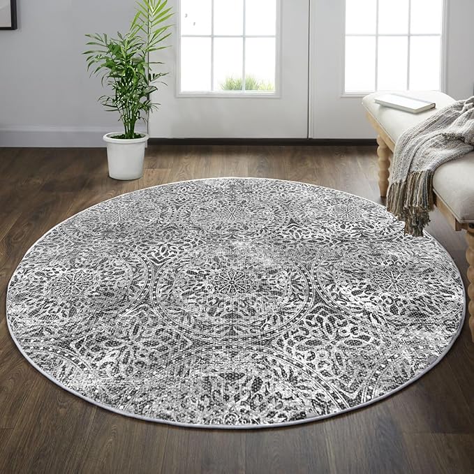 vivorug Round Rug 4ft Vintage-Inspired Round Area Rug Non-Slip Indoor Carpet for Living Room Bedroom Entryway, Stain Resistant Home Decor Circle Rug, Grey Medallion