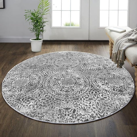 vivorug Round Rug 4ft Vintage-Inspired Round Area Rug Non-Slip Indoor Carpet for Living Room Bedroom Entryway, Stain Resistant Home Decor Circle Rug, Grey Medallion
