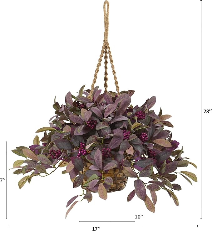 Nearly Natural 28in. Fall Laurel Leaf with Berries Artificial Plant in Hanging Basket