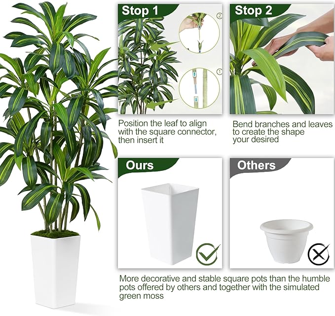Dracaena Plant Artificial Tree 6Ft Tall Fake Tropical Floor Plants Potted (Real Touch) Artificial Silk Tree Leaf Faux Trees White Tall Planter for Home Office Living Room Indoor Outdoor Decor