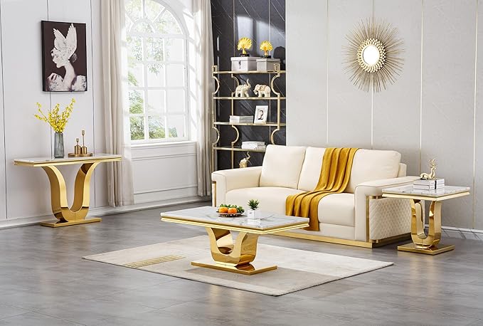 SSLine Rectangular Faux Marble Coffee Table for Living Room Modern Luxury White Marble Center Table with Gold Pedestal Base 46.8" Mid-Century Cocktail Table with Mirrored Stainless Steel Frame
