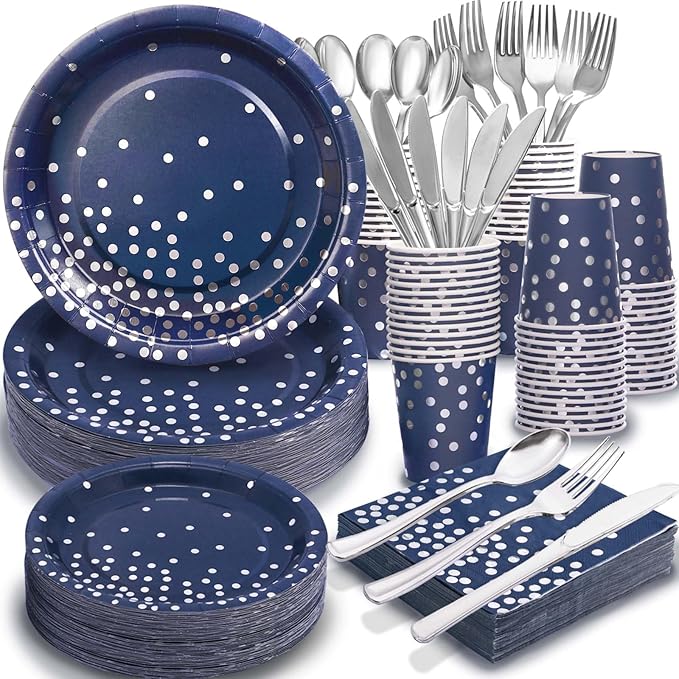 Gudvilla350 PCS Navy Blue Plates and Napkins Party Supplies,Navy Blue Paper Plates with Plastic Silverware Serve 50 Guests,Blue and Silver Birthday Plates Disposable for Wedding Retirement Decorations