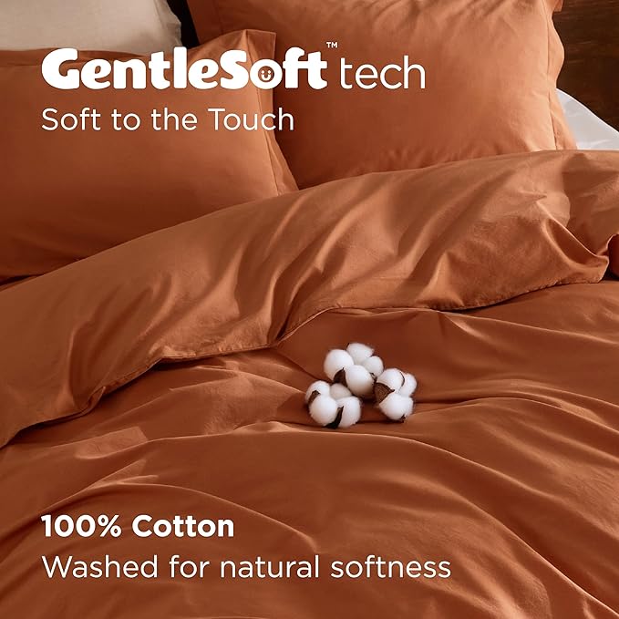 Bedsure 100% Washed Cotton Duvet Cover Queen Size - Burnt Orange Minimalist Duvet Cover Linen Like for All Seasons - GentleSoft™ Plain Simple Bedding, 3 Pieces (Burnt Orange, Queen, 90"x90")