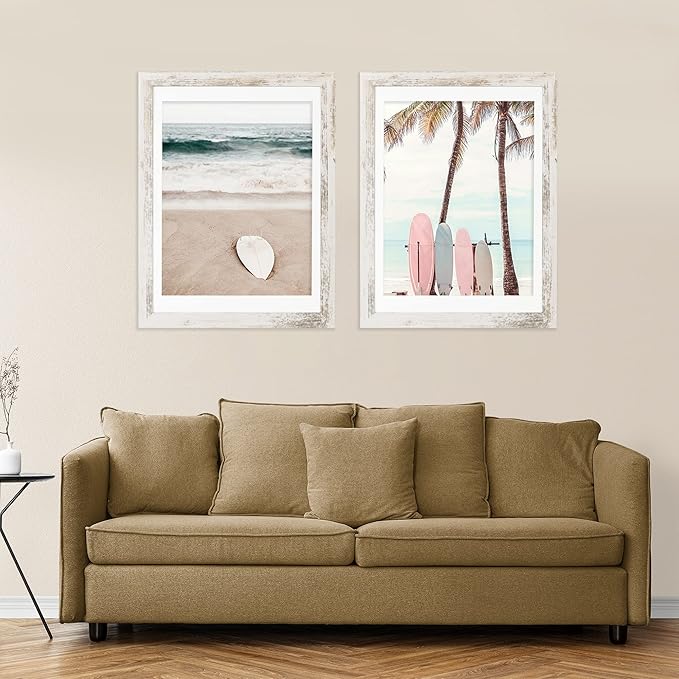 12x16 Picture Frame Set of 2, Distressed White Wood Style - Display 12 x 16 Poster without Mat or 11x14 Picture with Mat, Wall Mounting Horizontal and Vertical
