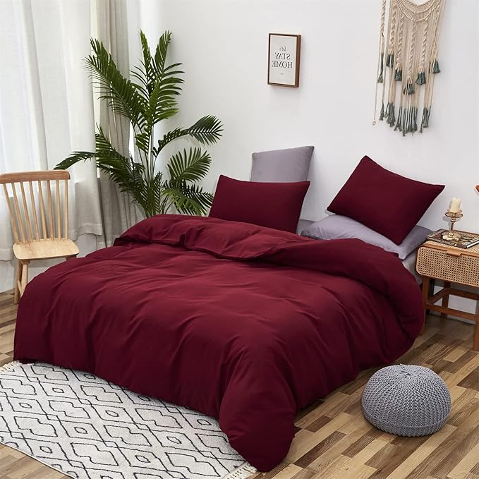 Luxlovery Dark Red Comforter Set King Women Burgundy Bedding Comforter Set Wine Red Marroon Blanket Quilts Modern Soft Breathable Solid Claret Crimson Bedding Set