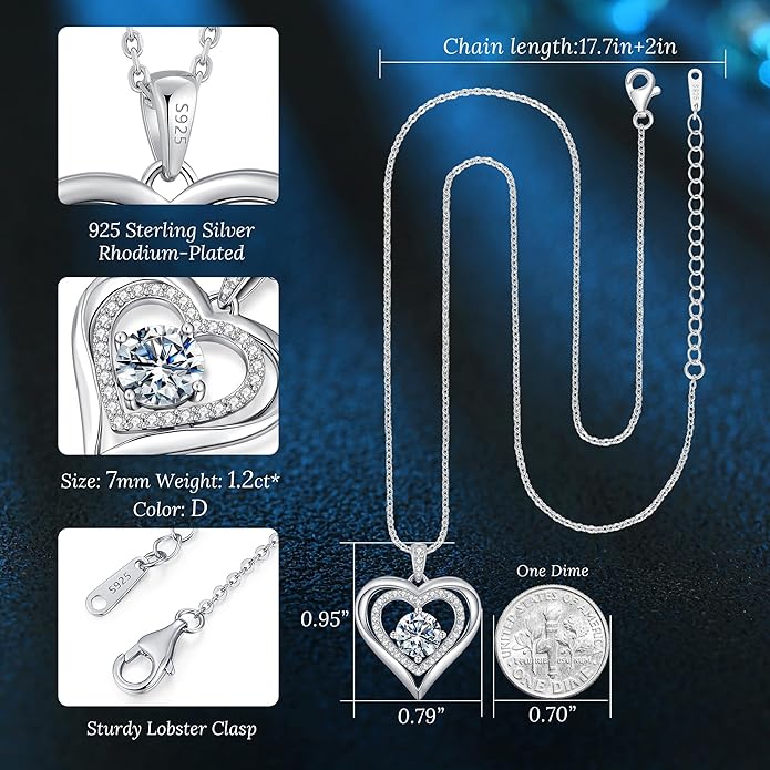 Moissanite Heart Pendant Necklaces for Women, 925 Sterling Silver Gold Plating Lab-Created Gem Necklace Engraved with 'I LOVE YOU', Ideal Anniversary Birthday Christmas Valentine Engagements Mothers Day Jewelry Gifts for Mom Wife Girlfriend Daughter Her
