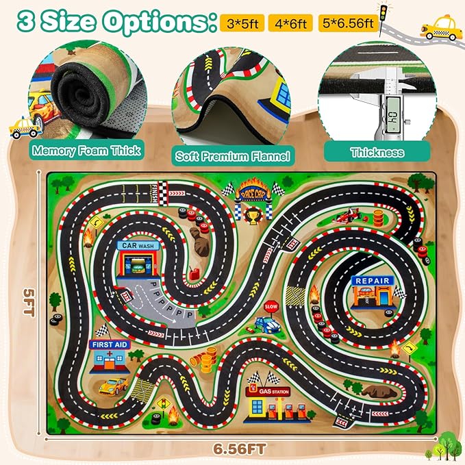 Kids Rug, Race Track Baby Play Mats, 5' x 7' FT Kids Rug for Playroom,Extra Thick (0.4in) Realistic 3D Cascading Surround Route, Great for Playing with Cars and Toys, Non-Slip Car Carpet