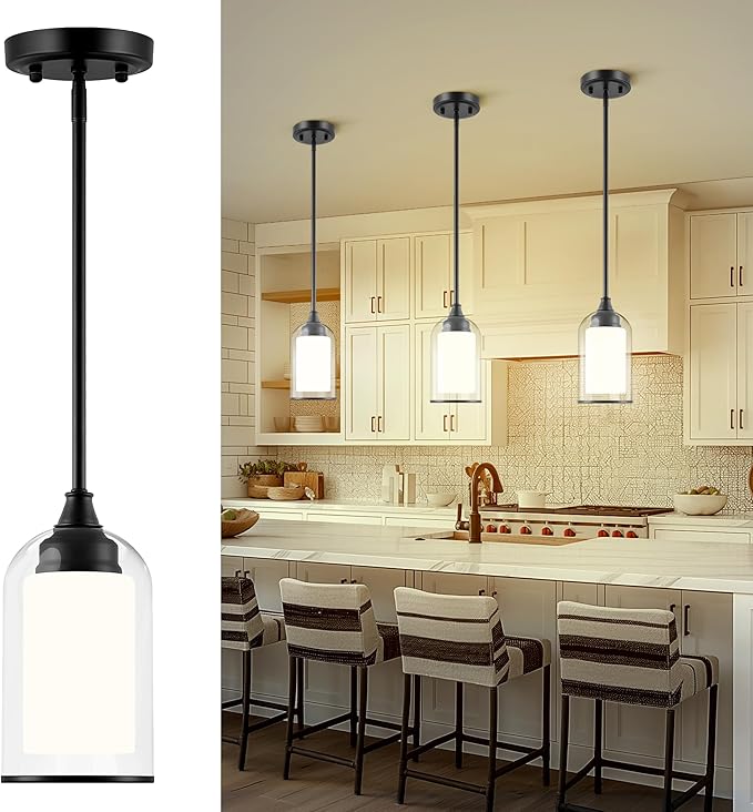 LIROUVET Black Pendant Light Fixtures - Dual Glass Hanging Light, 1-Light Pendant Lights with Clear and Milk Glass, Industrial Pendant Lighting for Kitchen, Dining Room, PL02BK-N