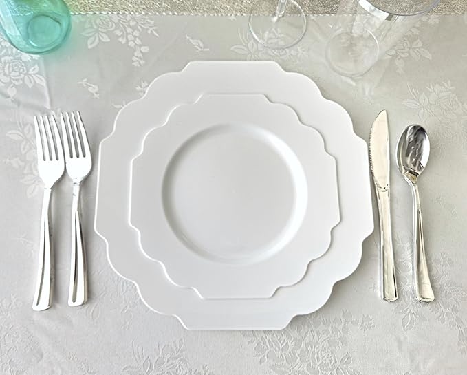 " OCCASIONS " 240 Plates Pack (120 Guests) Heavyweight Wedding Party Disposable Plastic Plates Set -120 x 10.5'' Dinner + 120 x 8'' Salad/Dessert Plate (Imperial White)