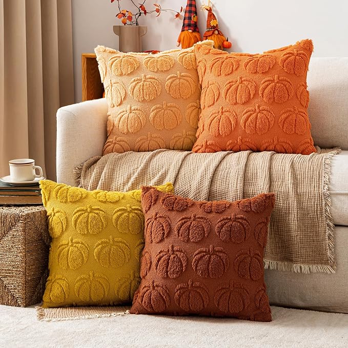 MIULEE Fall Pumpkin Pillow Covers 18x18 Inch Set of 4 - Soft Cozy Plush Decorative Pillows with Embroidered Pumpkin Pattern Autumn Halloween Holiday Decor for Sofa Couch Bed Living Room,Rust-Orange