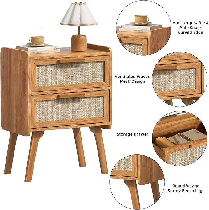 Lerliuo Rattan Nightstands Set of 2, Boho Night Stand with 2 Drawers, Cane Accent Side End Table, Bedside Table with Solid Wood Legs for Bedroom, Dorm and Small Spaces (Tea Brown)