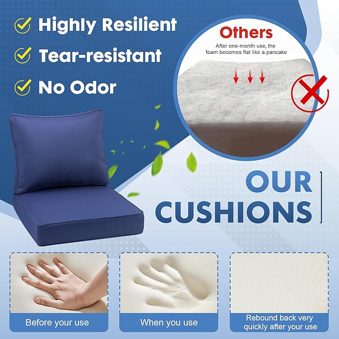 Outdoor Deep Seating Cushion Set, 24" x 24", Waterproof & Fade Resistant Patio Furniture Cushions with Handle, Deep Seat and Back Cushion for Chair and Sofa (3, Blue)