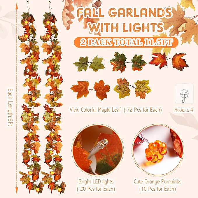 VIHOSE 2 Pack Thanksgiving Maple Leaves Garland Fall Decor 11.5 ft 40 LED with Pumpkin Lights Battery Operated and Timer Remote for Home Thanksgiving Halloween Decor(Orange Green)