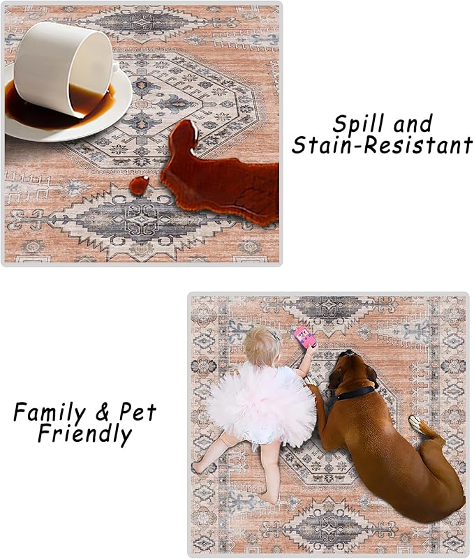 vivorug 3x5 Rug, Small Area Rug for Living Room, Bedroom, Kitchen, Machine Washable Non-Slip Throw Rug, Vintage Distressed Carpet for Entryway Nursery Dinner Room, Orange